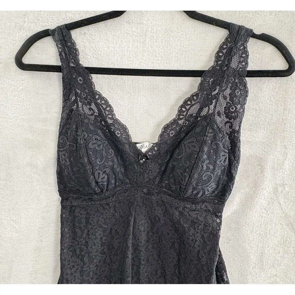 Vtg ARIANNE Women Long Line V Neck Pad Bra Maxi Chemise Sz M Black Lace‎ 76-5